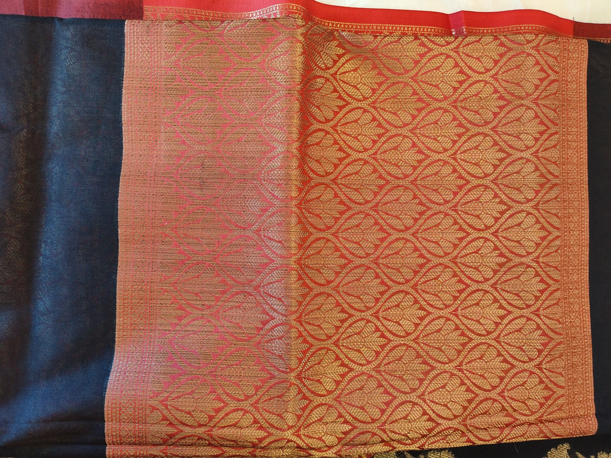 Black Cotton-Silk Saree With Gold Jari And Red Border In USA