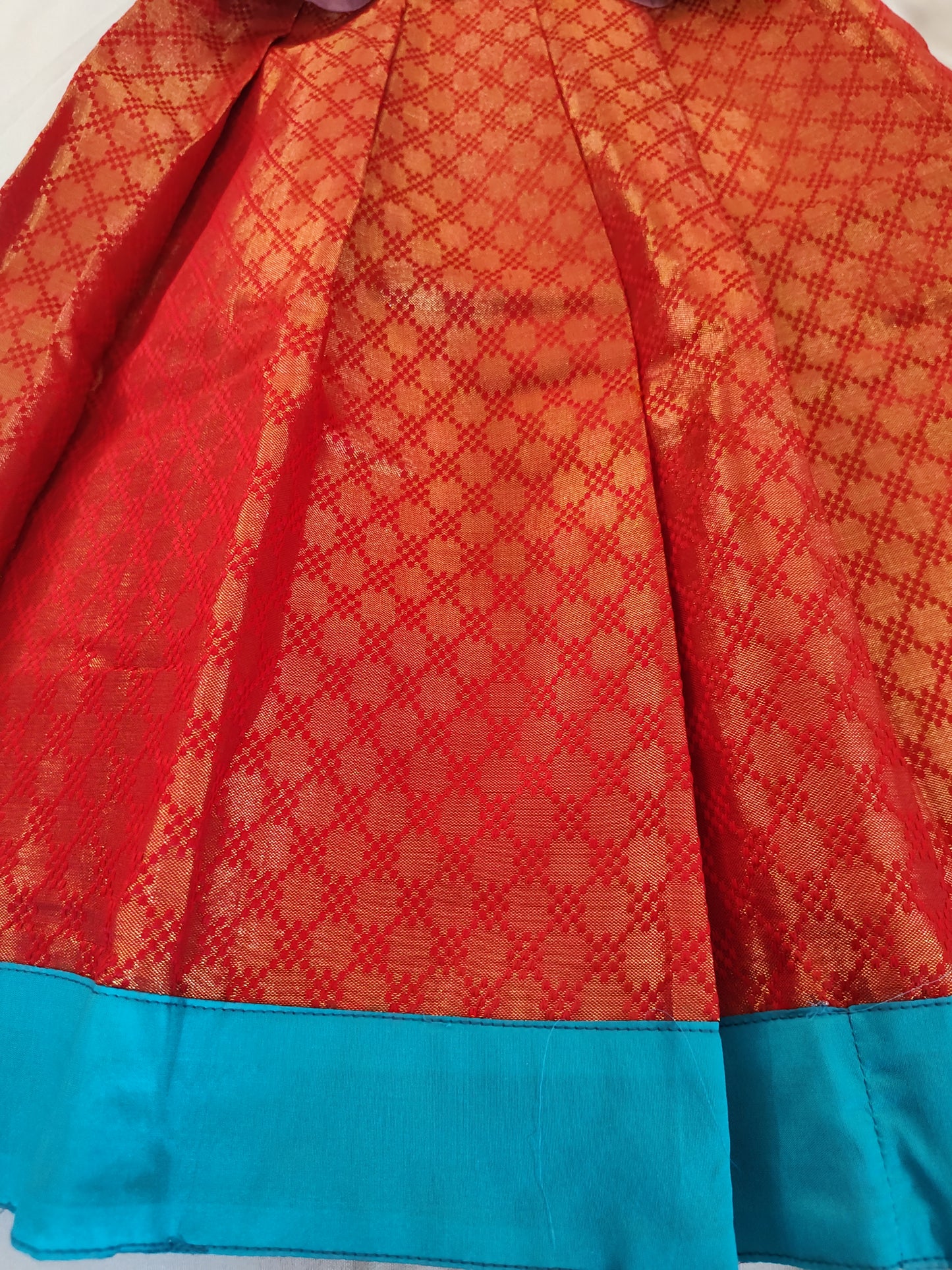 Sky Blue And Red Color Designer Silk Langa Set For Kids In Yuma