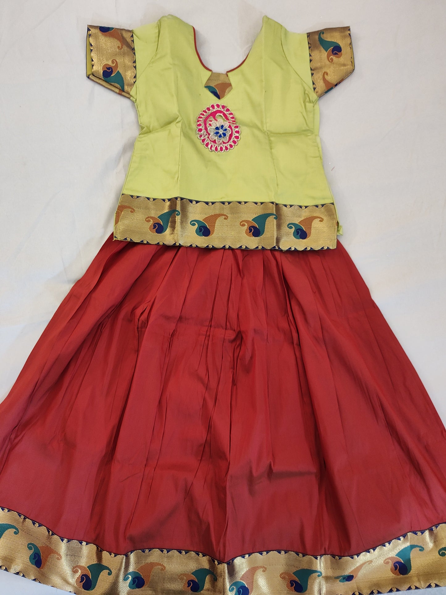 Parrot Green And Maroon Pattu Langa Set For Kids