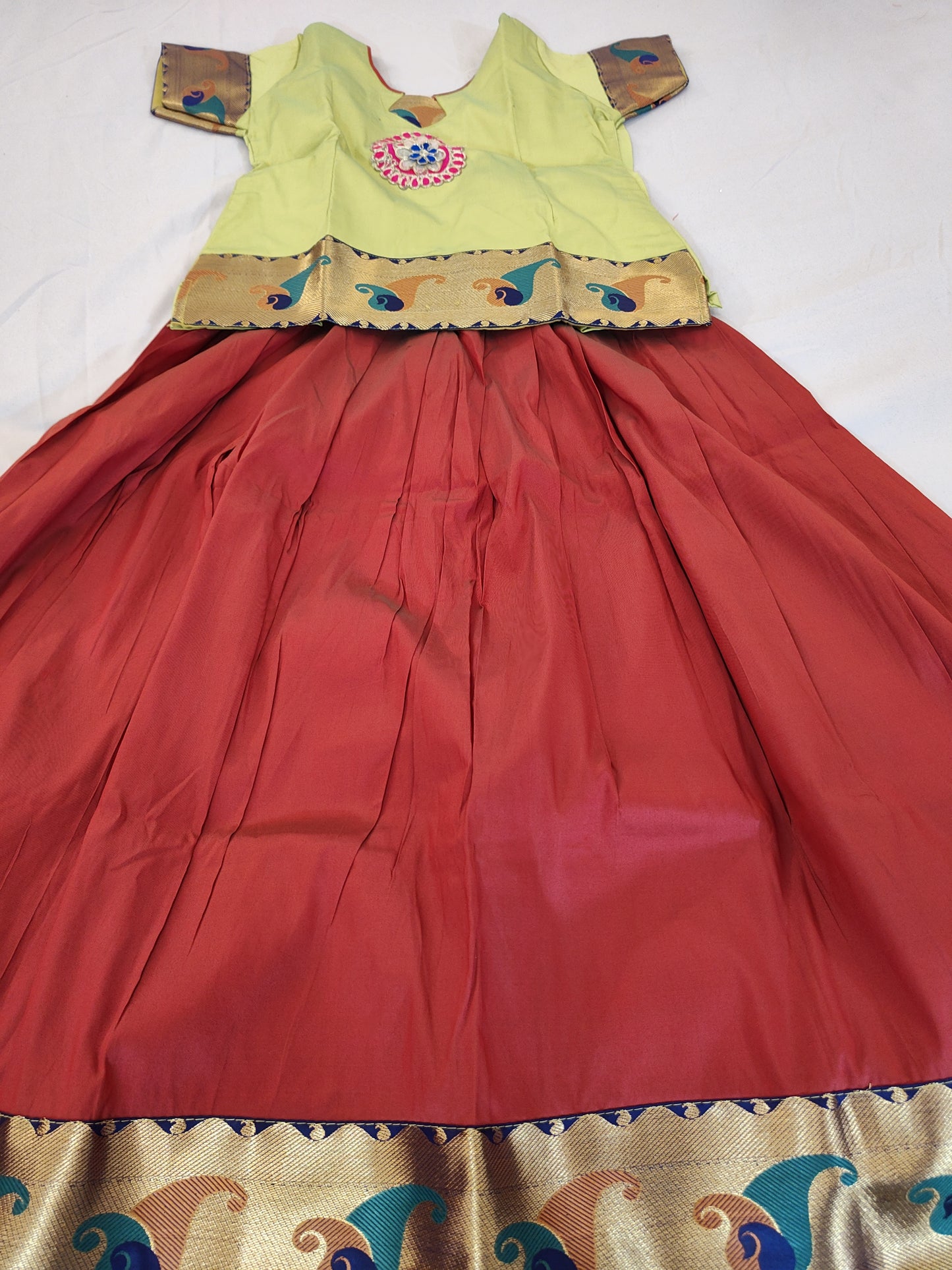 Parrot Green And Maroon Pattu Langa Set For Kids In USA