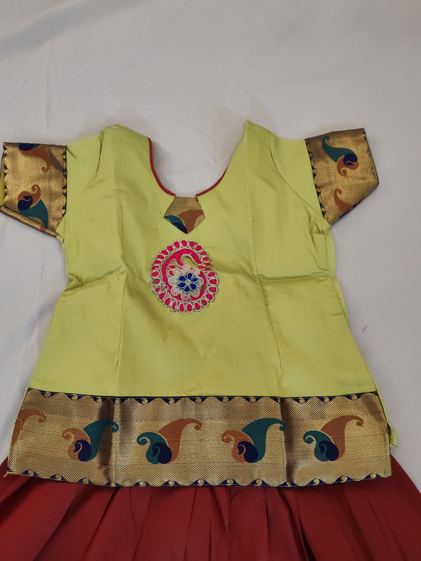 Parrot Green And Maroon Pattu Langa Set For Kids Near Me