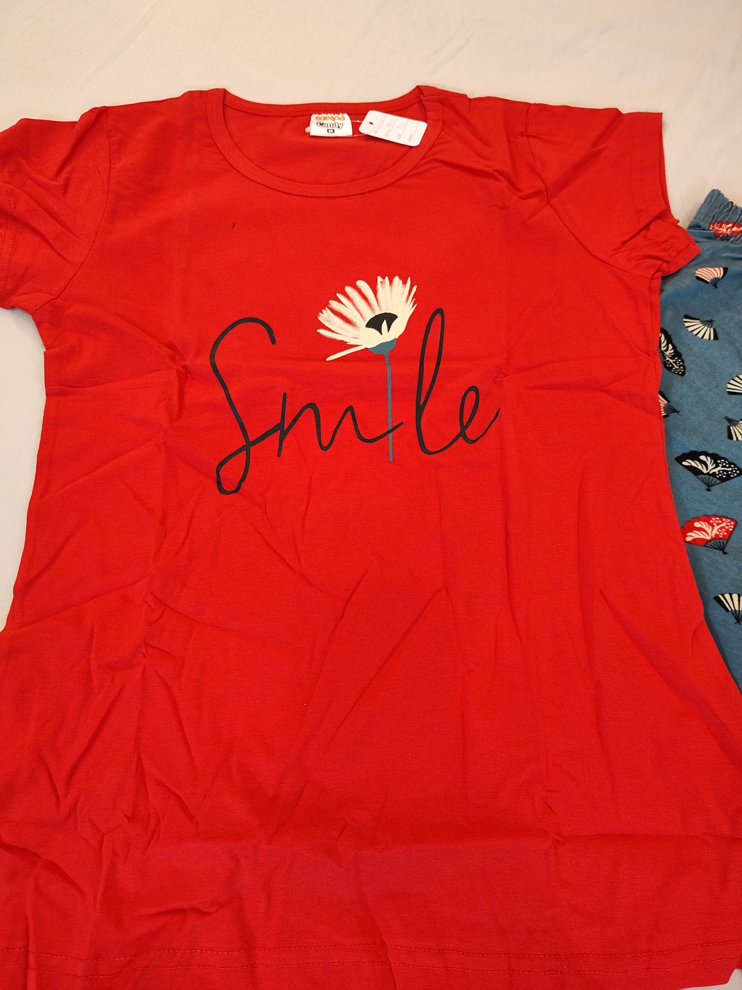 Charming Red And Teal Green Short Sleeve Round Neck Rich Cotton Pajama Set In USA