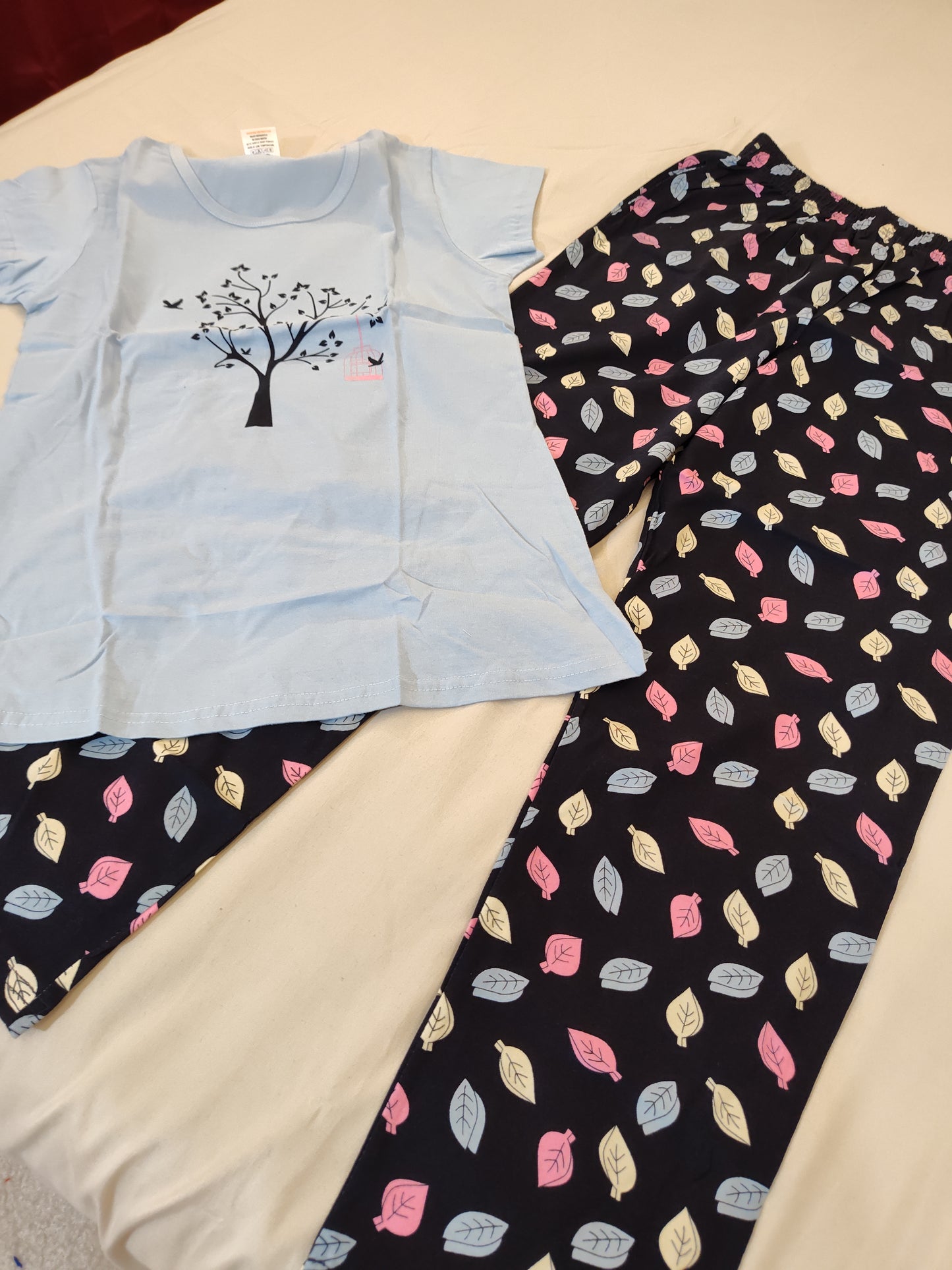 Charming Light Blue And Black Short Sleeve Round Neck Rich Cotton Pajama Set In USA