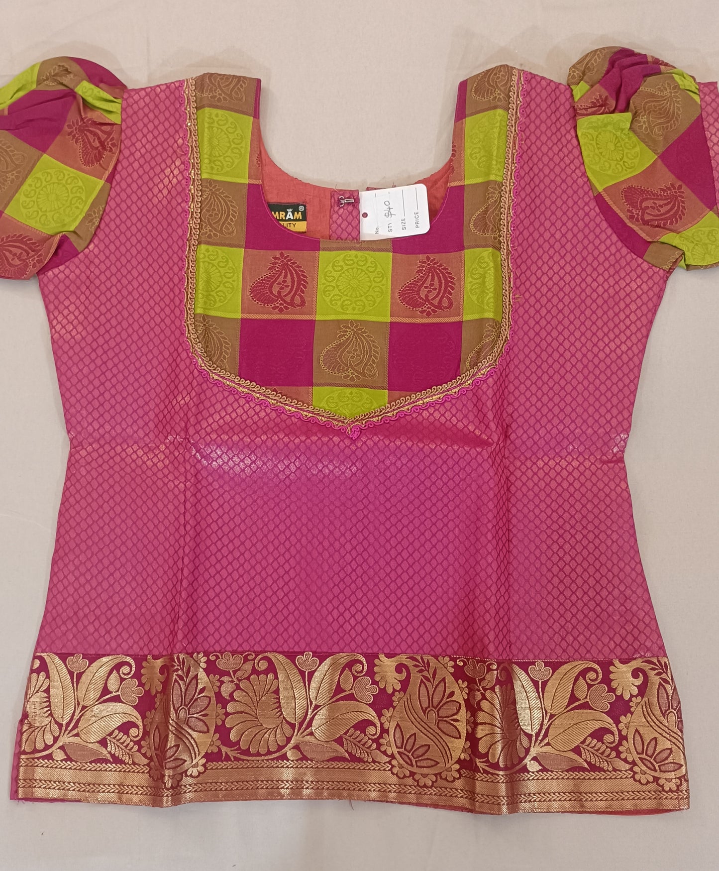 Pink And Green Silk Langa Set For Kids In USA