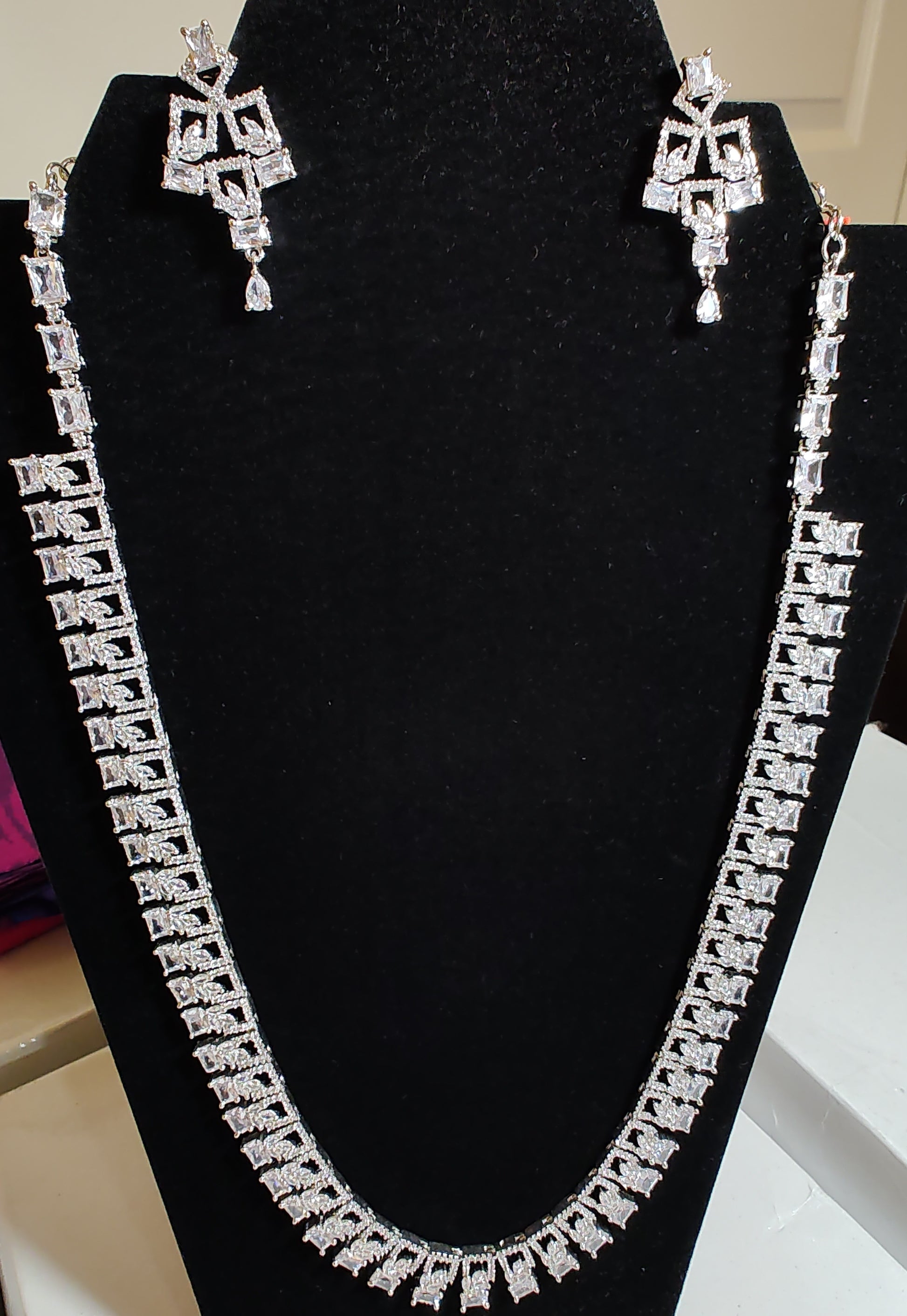 Beautiful Long Necklace Set With White CZ Stones