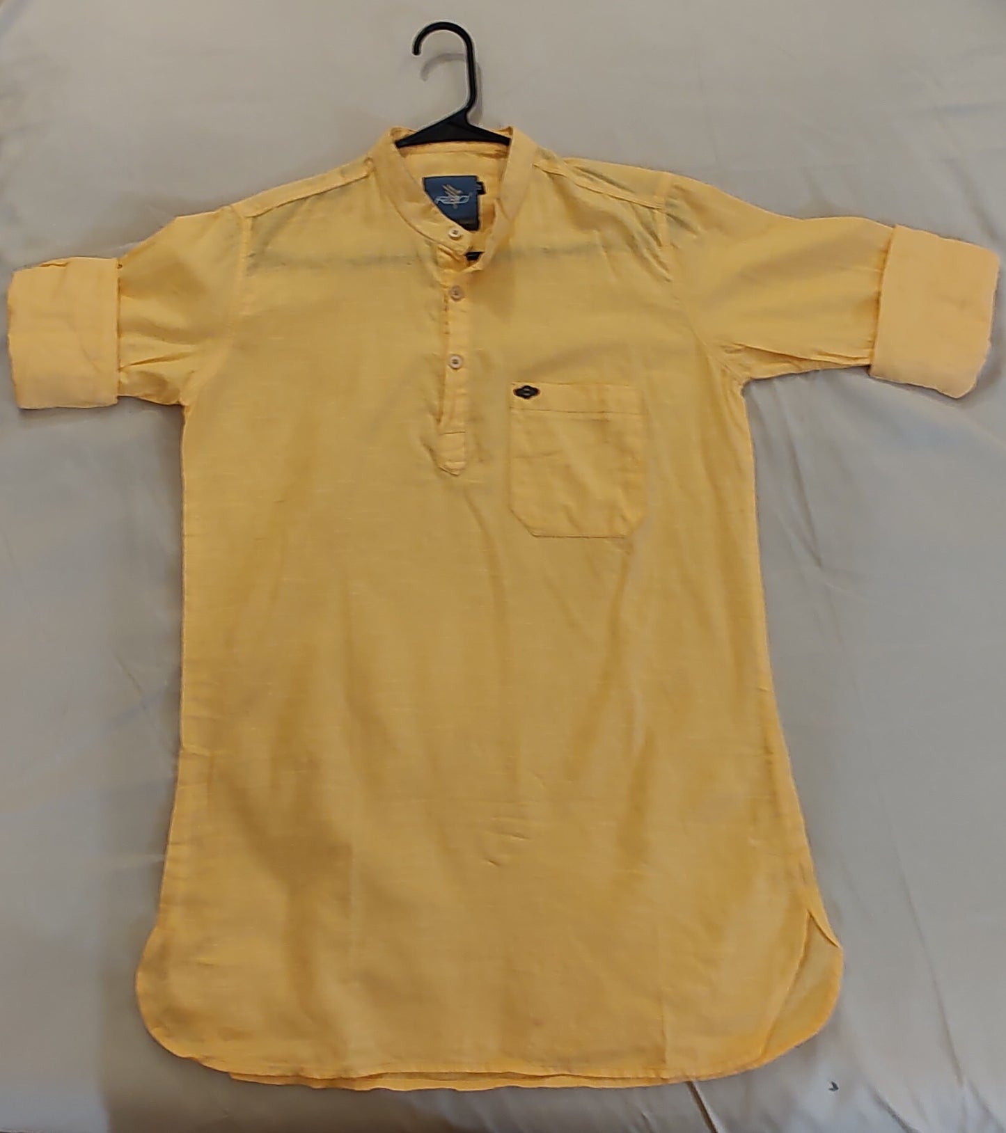 Pleasing Yellow Color Full Sleeves Short Cotton Kurta For Men
