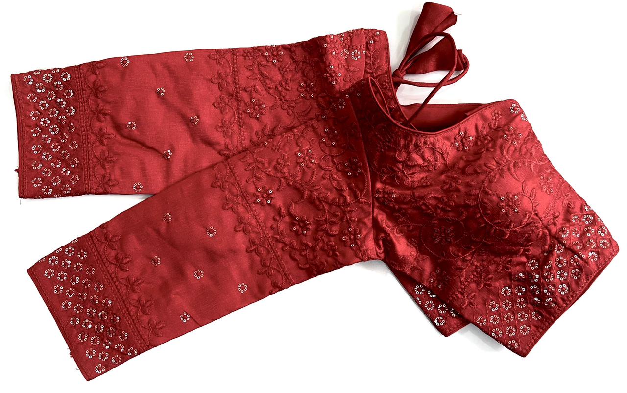 Beautiful Red Color Back Open With Milan Silk Ready To Wear Blouse