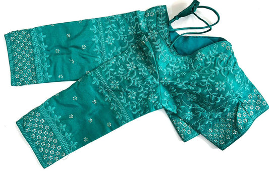 Charming Teal Green Milan Silk With Chikan thread work Ready To Wear Blouse