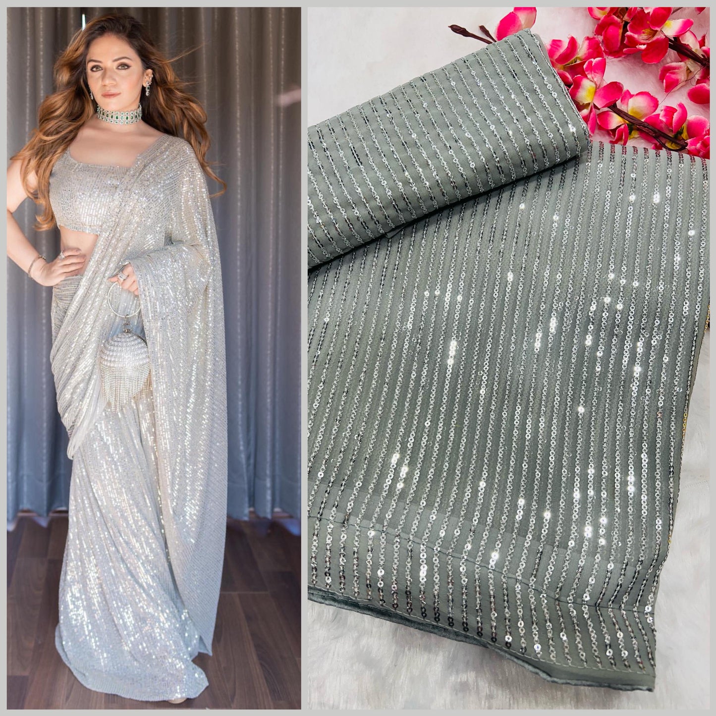 Gray Colored Sequins Embroidery Work With Heavy Georgette Saree Near Me