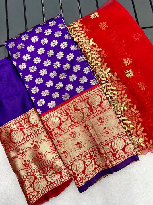 Lovely Blue Color Banarasi Silk Dupatta With Zari Work With Silk Lehenga Choli