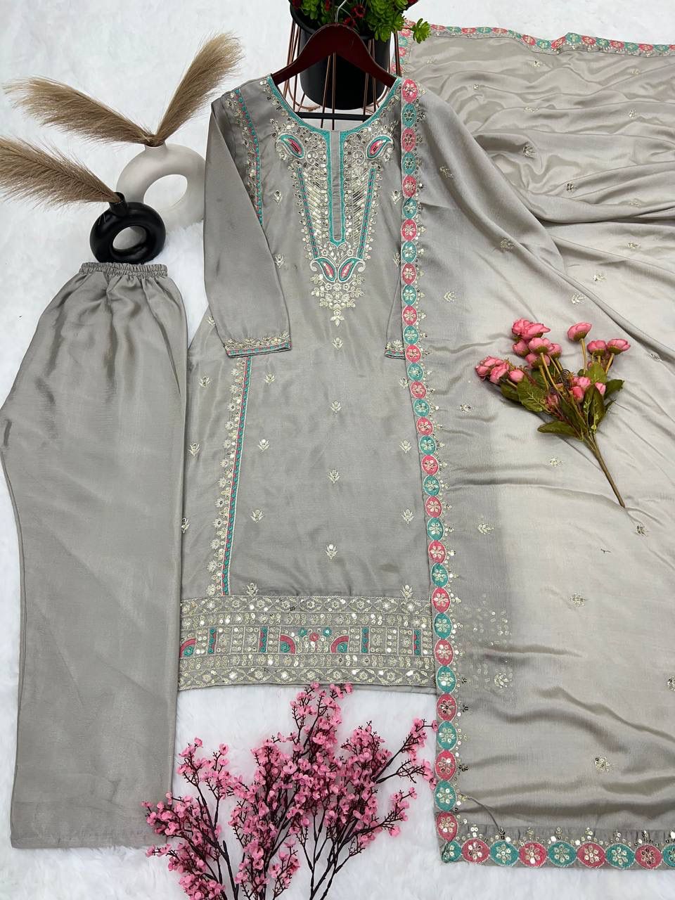 Gray Pure Silk Heavy Embroidery Work Salwar Suits In USA