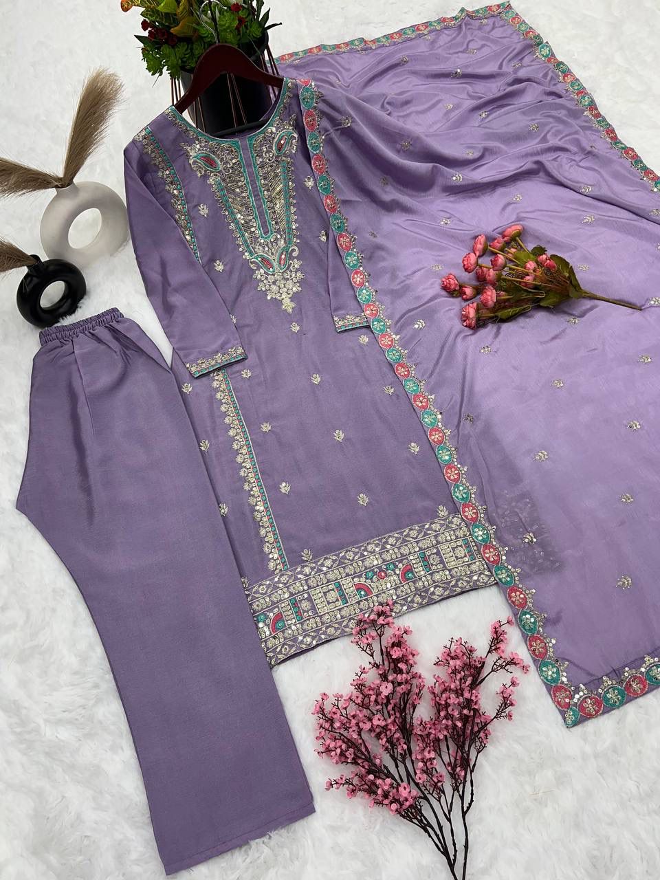 Attractive Violet Color Pure Chinon Silk Heavy Embroidery  Work Salwar Suits In USA