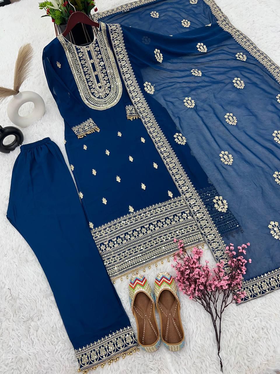 Blue Color Heavy Faux Georgette Embroidery Palazzo Suits In USA