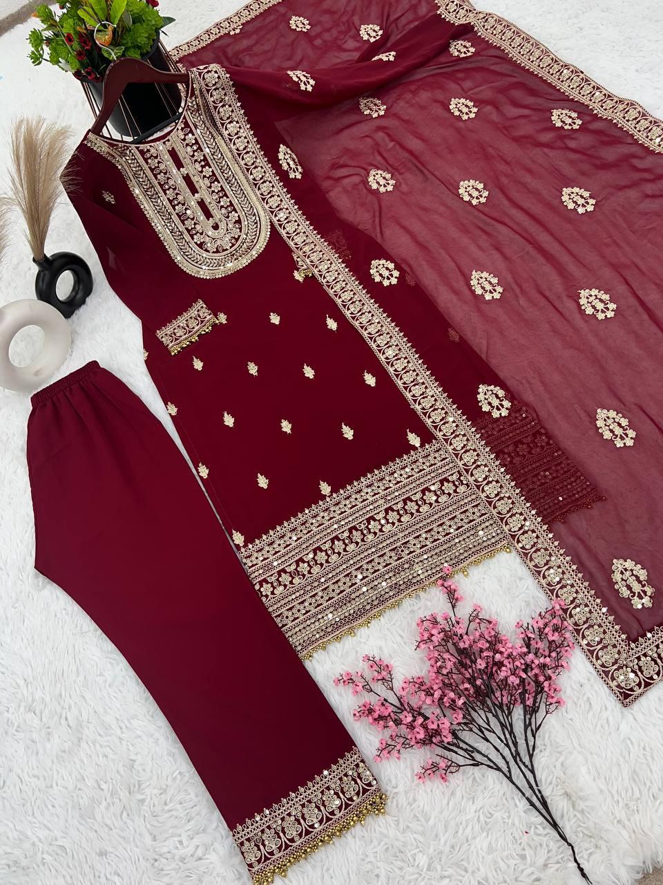 Pleasing Maroon Color Heavy Faux Georgette Palazzo Suits In USA