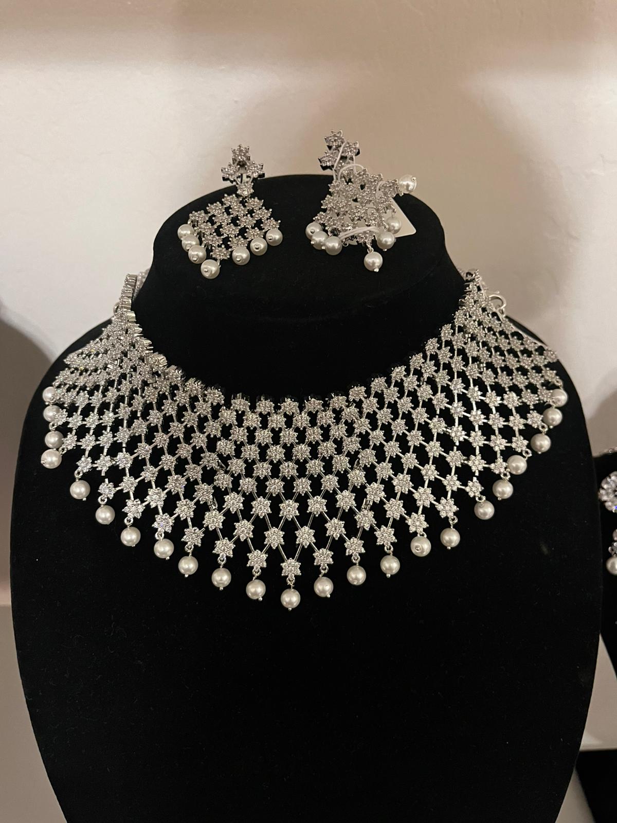 American Diamond White Stoned Necklace With Earrings Near Me
