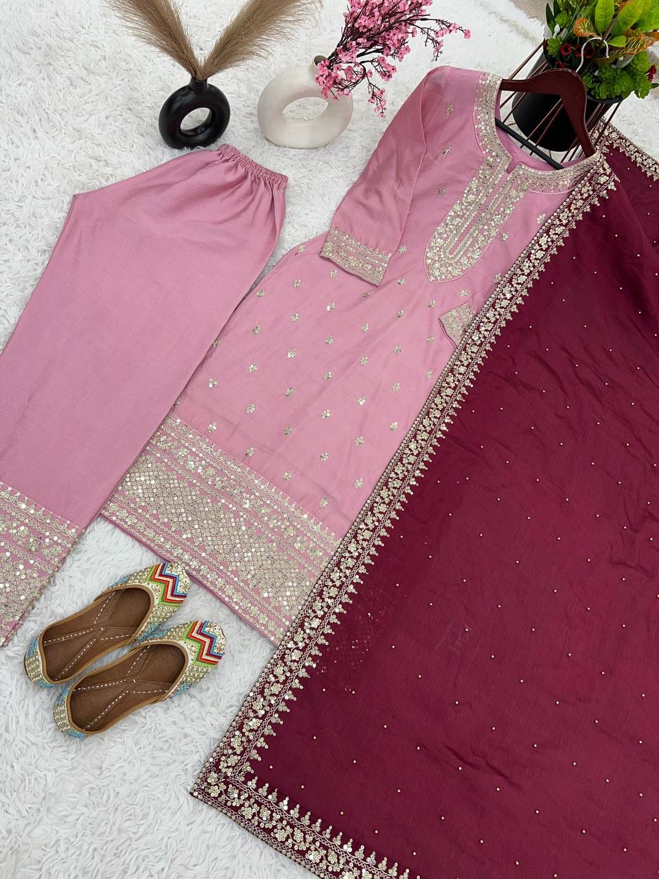 Elegant Light Pink Color Chinon Silk With Embroidery Work Palazzo Suits In Tempe