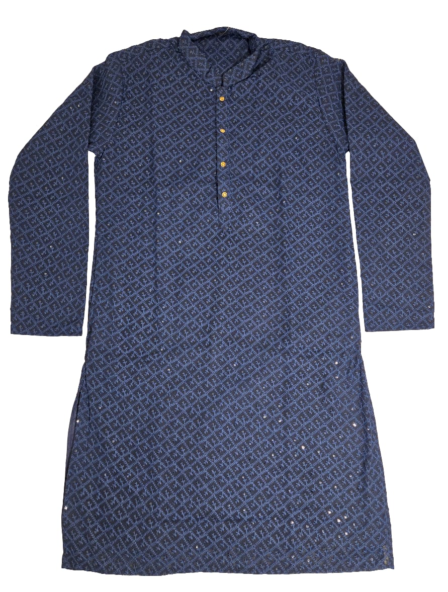 Appealing Navy Blue Color Jacquard Chikankari Kurta Set For Men