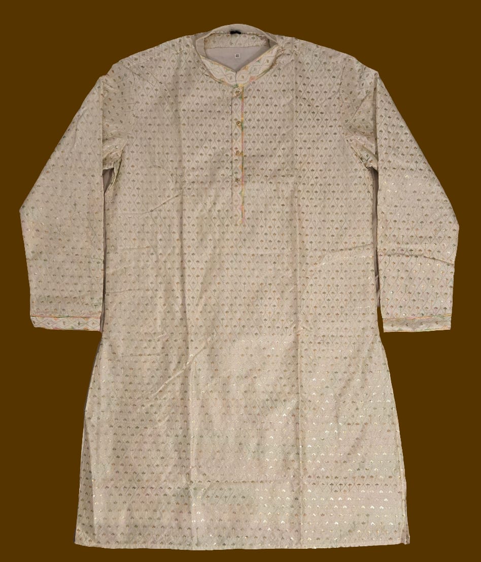 Alluring Off White Color Art Silk Neck Embroidery Work Kurta Sets For Men
