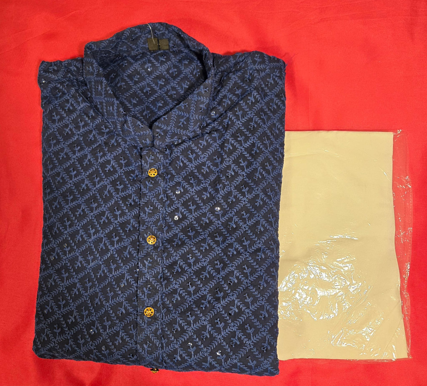 Appealing Navy Blue Color Jacquard Chikankari Kurta Set For Men