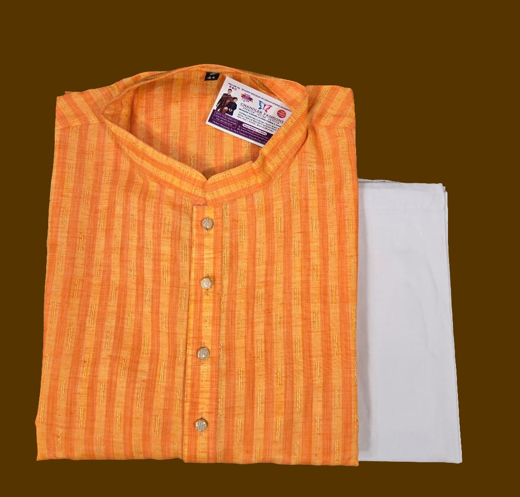 Appealing Orange And Yellow Color Slub Cotton Designer Men's Kurta With Pajama Pant