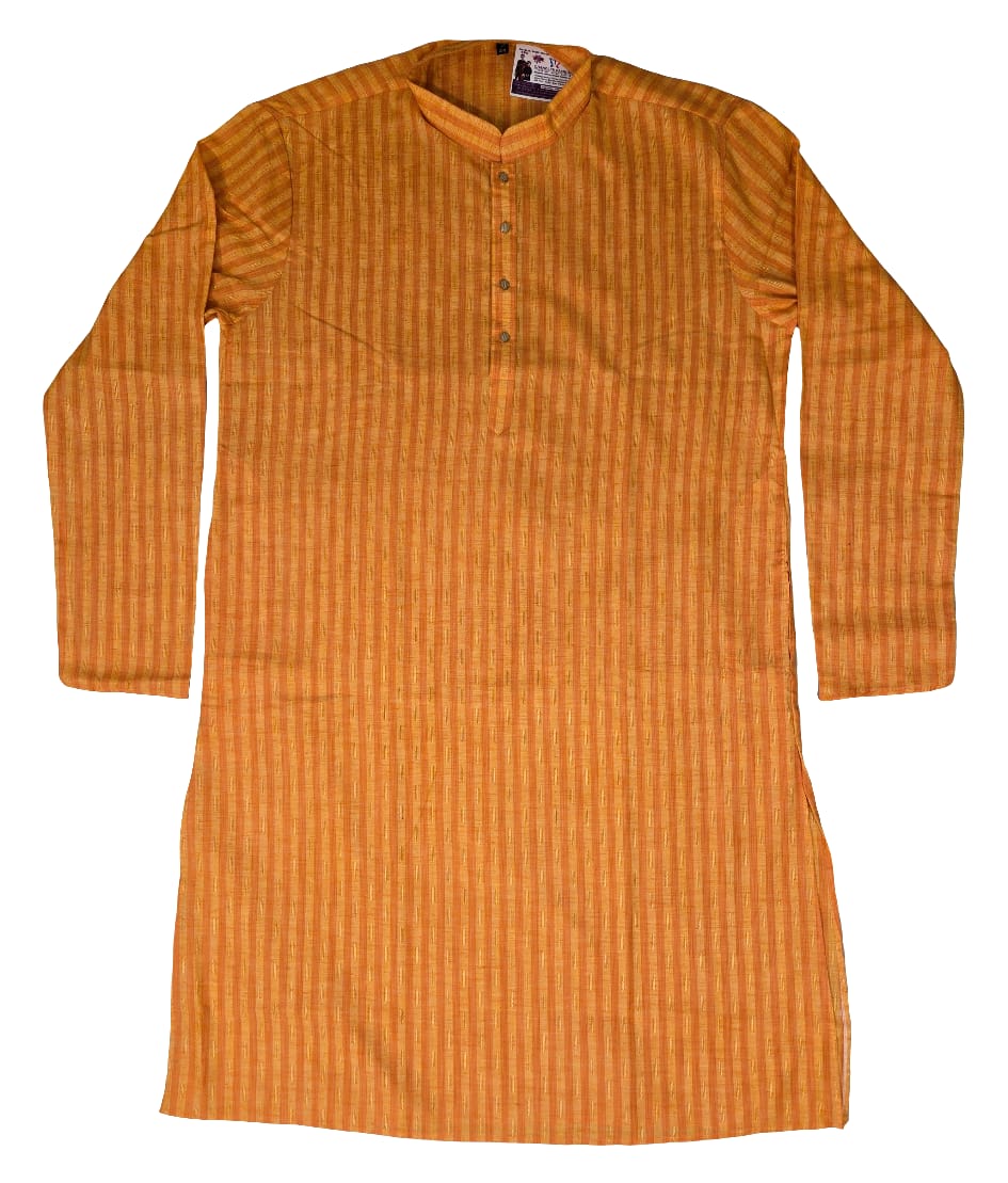 Appealing Orange And Yellow Color Slub Cotton Designer Men's Kurta With Pajama Pant