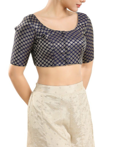 Fanciable Navy Blue Color Jacquard With Front Open Readymade Blouse
