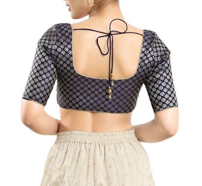 Fanciable Navy Blue Color Jacquard With Front Open Readymade Blouse Near Me