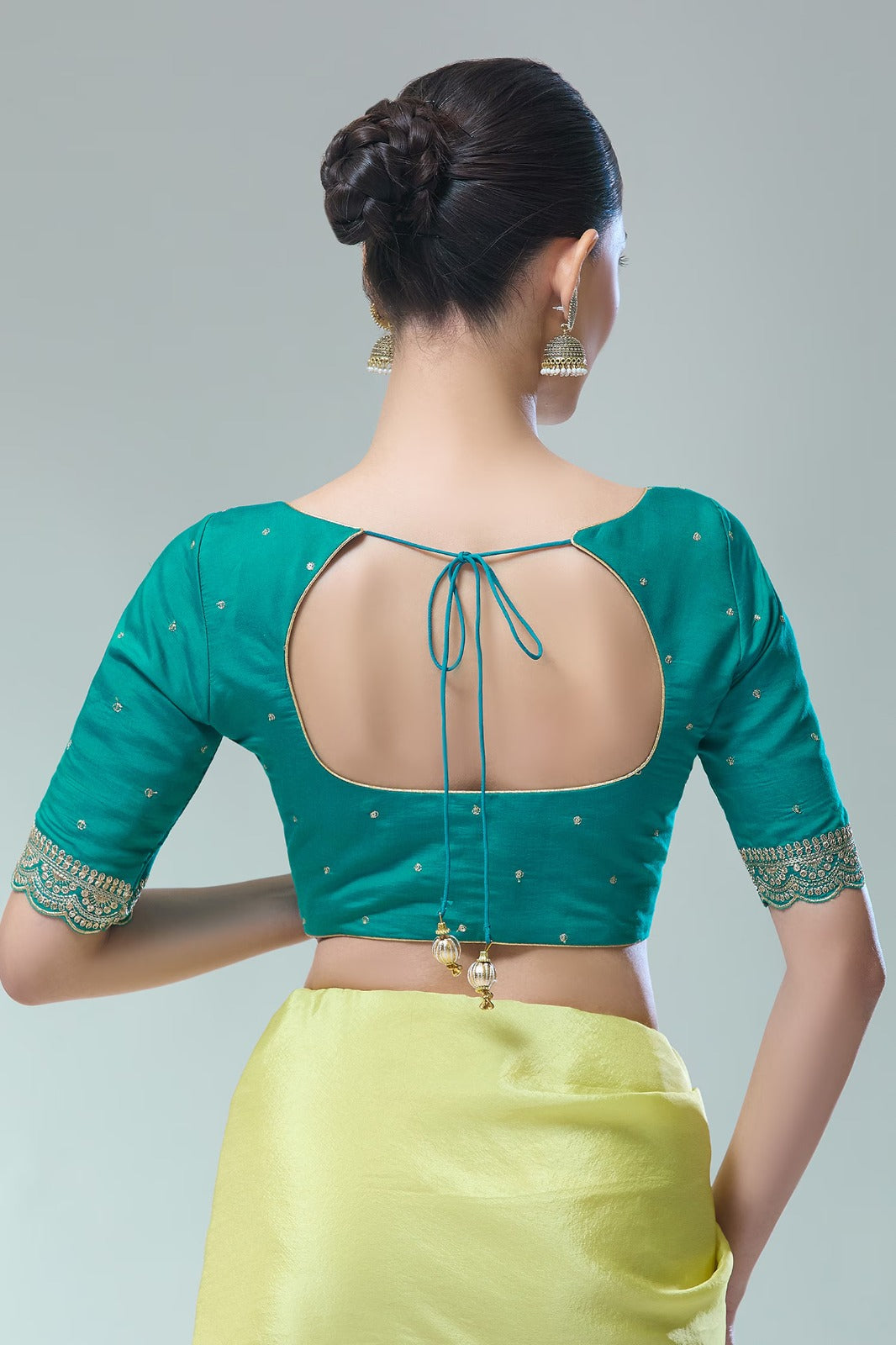 Pleasing Rama Green Color Silk Blend Zari Work Readymade Blouse Near Me