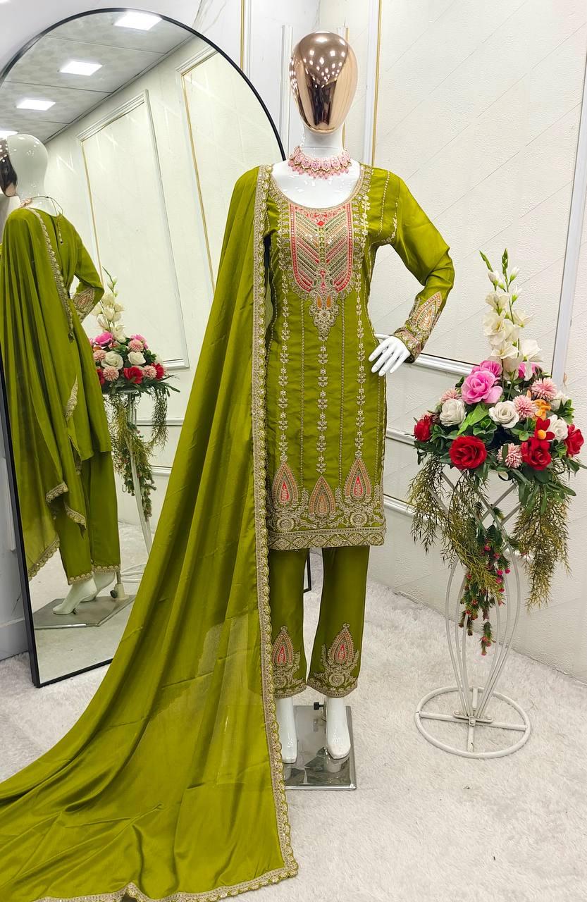 Charming Mehendi Green Color Pure Chinon Silk Salwar Suit In Surprise