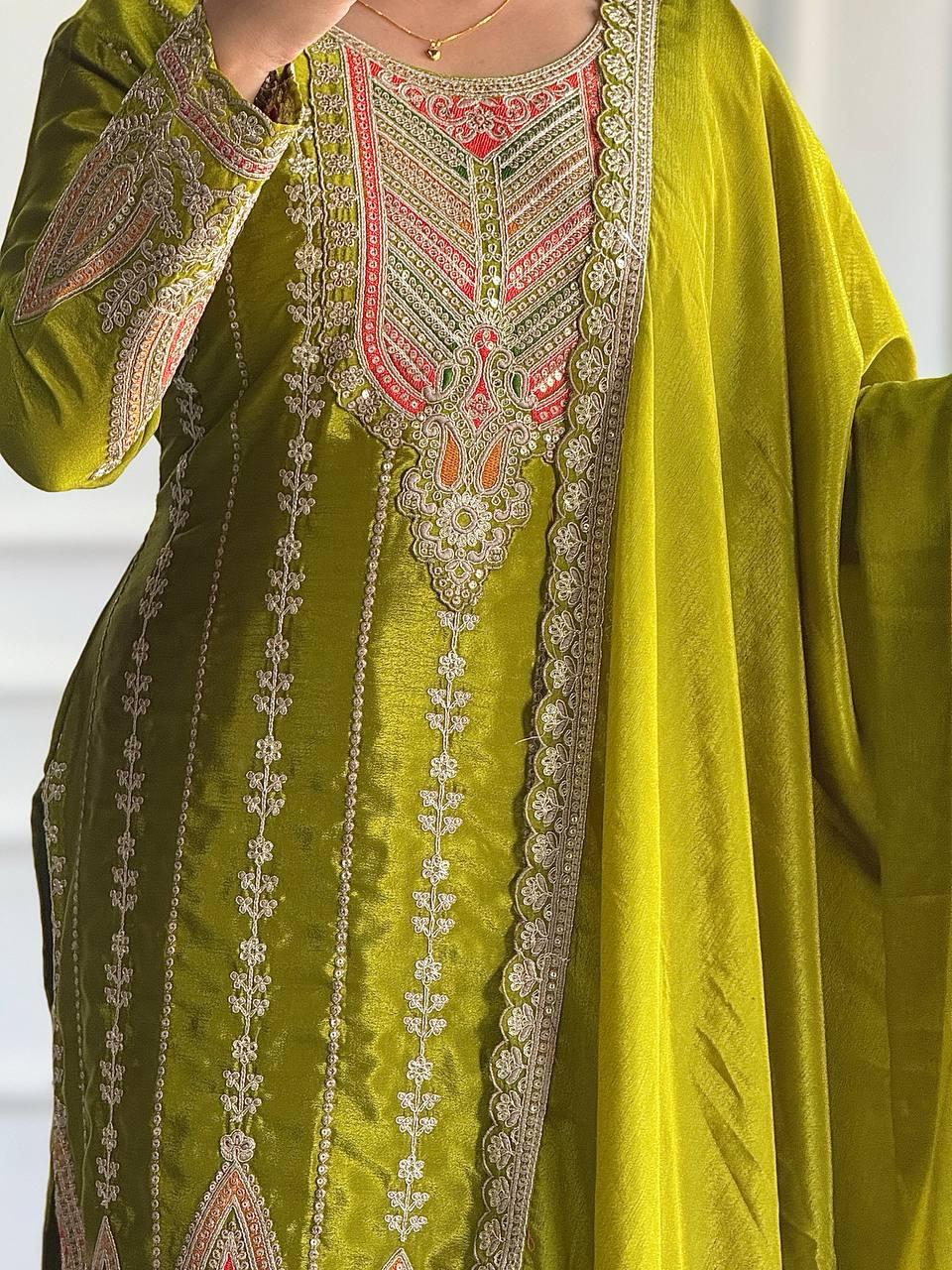 Charming Mehendi Green Color Pure Chinon Silk Salwar Suit With Heavy Embroidery Work Near Me
