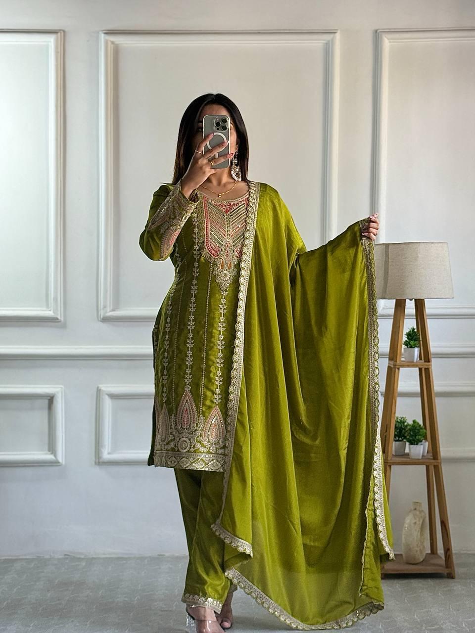 Charming Mehendi Green Color Pure Chinon Silk Salwar Suit In Mesa