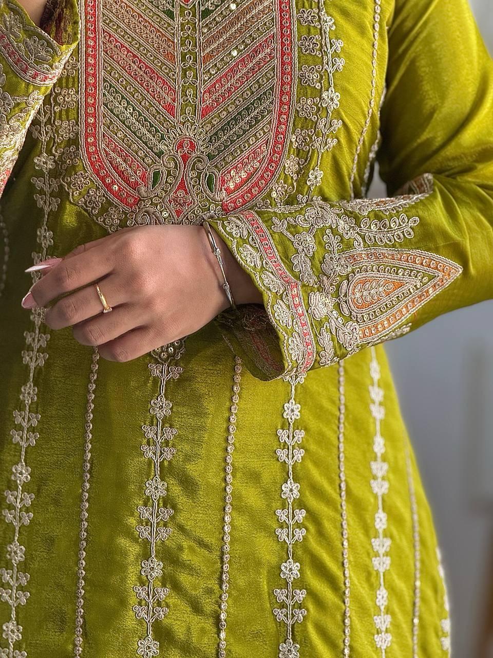 Charming Mehendi Green Color Pure Chinon Silk Salwar Suit In Chandler