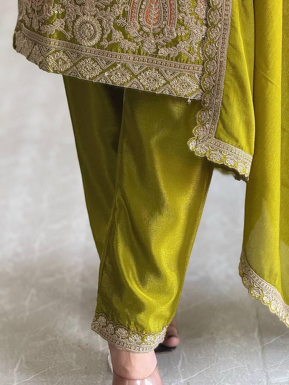 Charming Mehendi Green Color Pure Chinon Silk Salwar Suit In USA