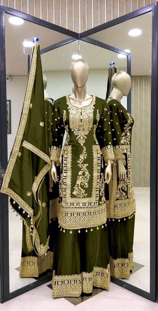 Graceful Green Color Pure Chinon Silk With Heavy Embroidery Work Palazzo Suits For Women
