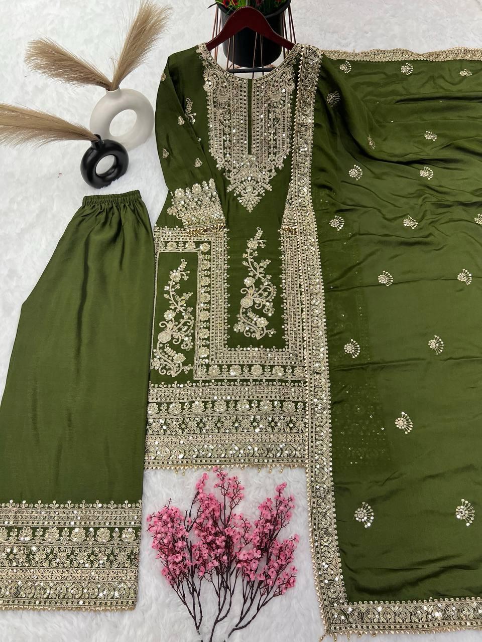 Graceful Green Color Pure Chinon Silk With Heavy Embroidery Work Palazzo Suits Near Me