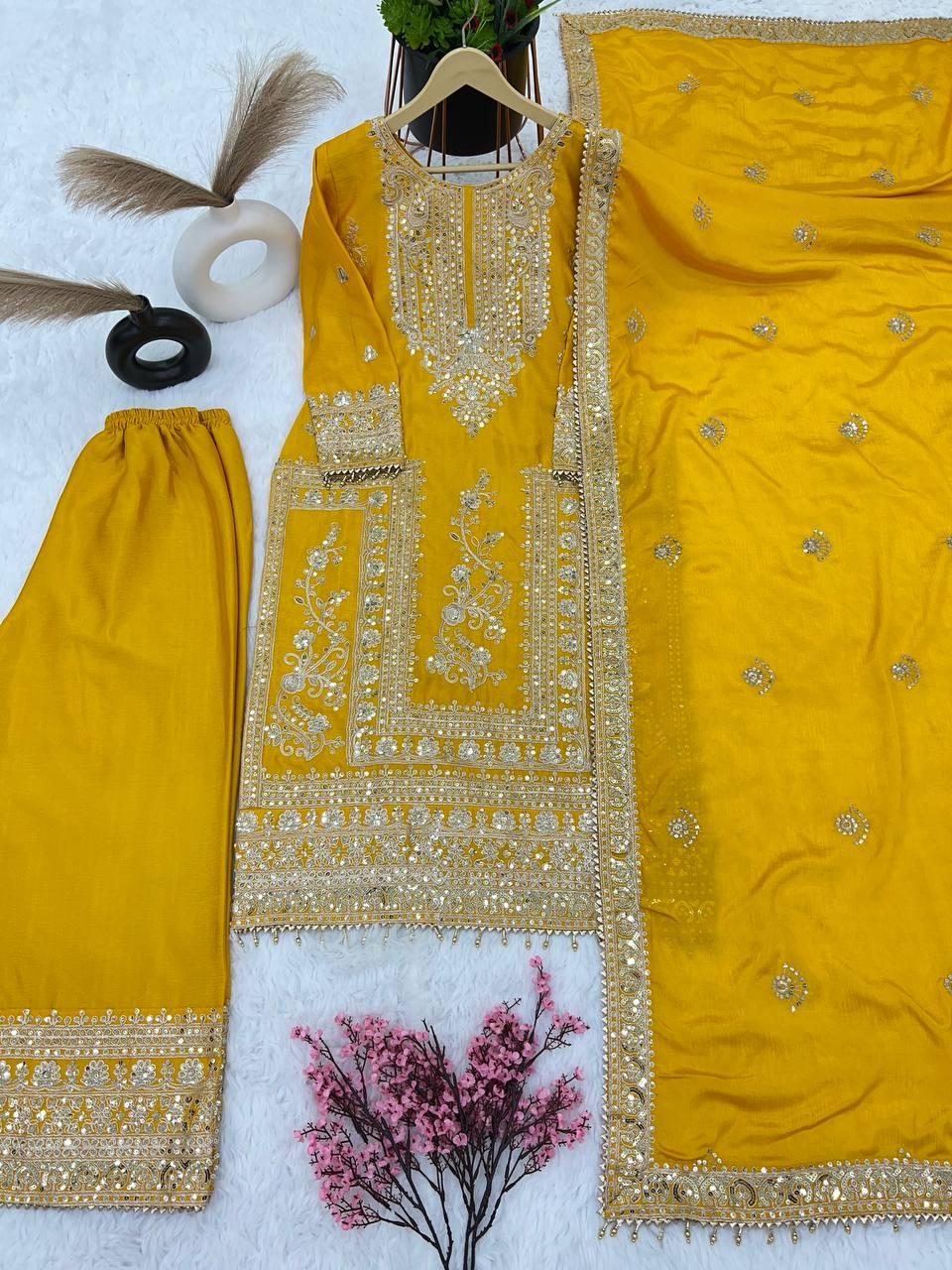 Stunning Yellow Color Pure Chinon Silk Embroidery And Dori Sequence Work Palazzo Suits Near Me