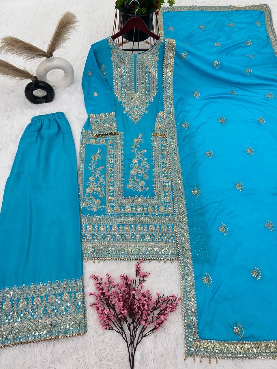 Graceful Sky Blue Color Pure Chinon Silk Heavy Embroidery And Sequence Work Palazzo Suits Near Me