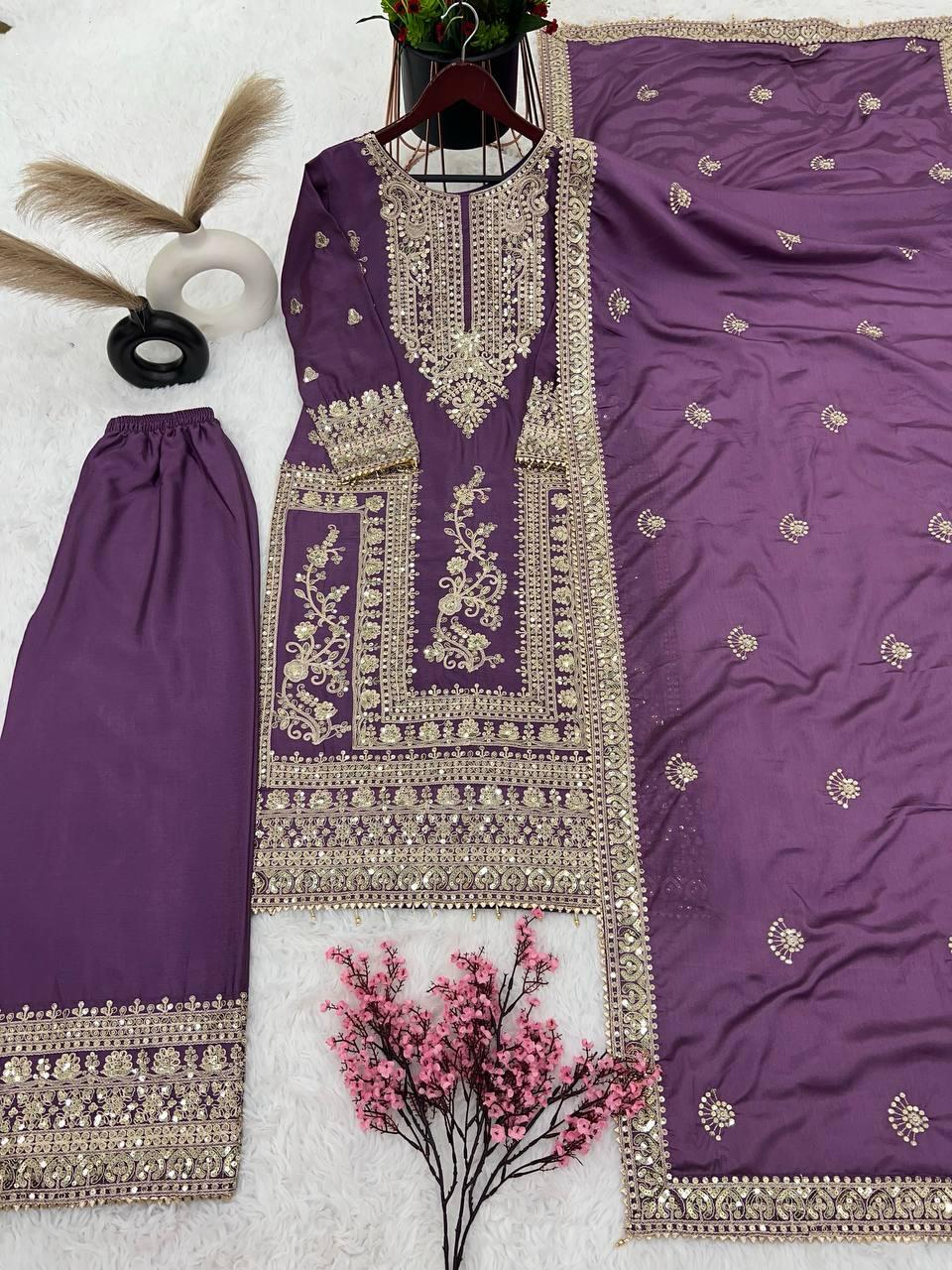 Pretty Lavender Color Pure Chinon Silk With Heavy Embroidery Work Palazzo Suits Near Me