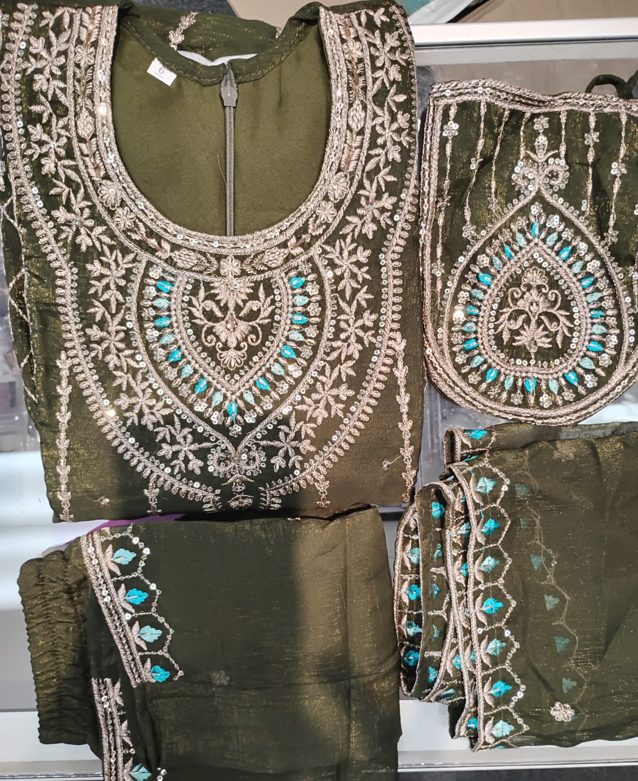 Fantastic Olive Green Color Georgette With Embroidery And Sequins Work Palazzo Suits For Girls