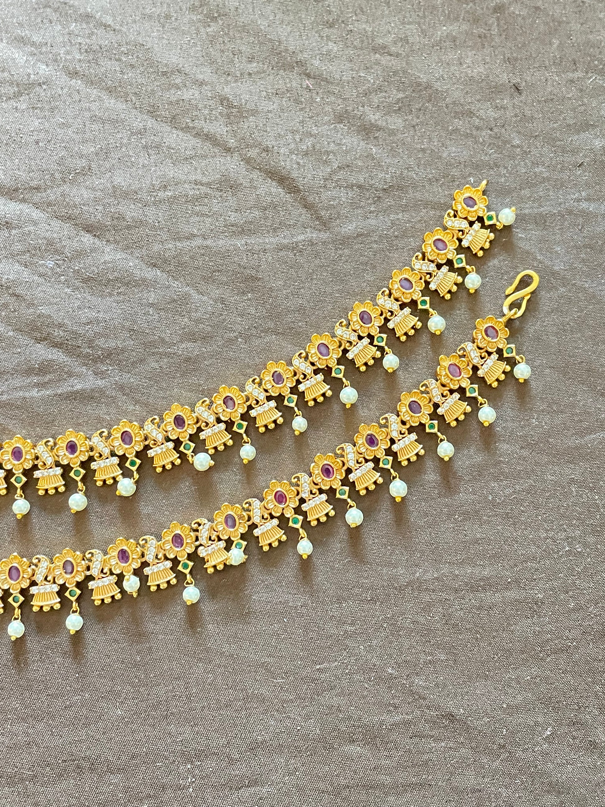 Gorgeous Gold Plated Anklets With Red And Green Stones For Women