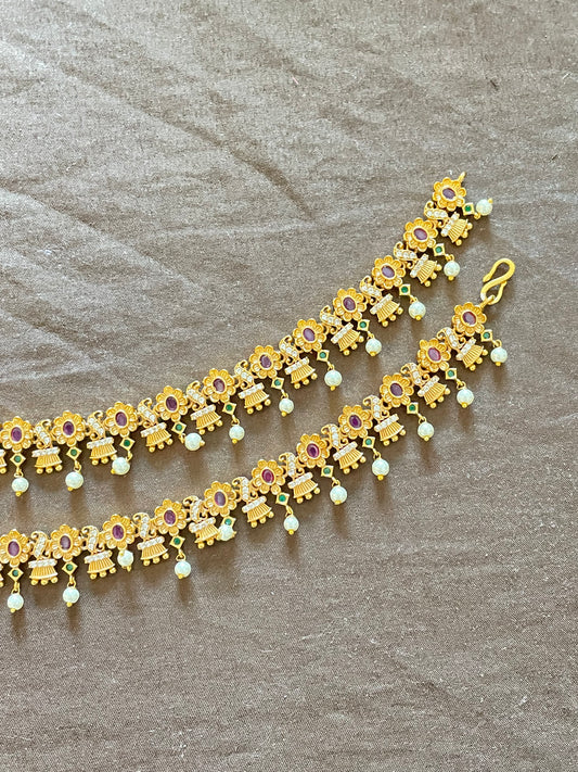 Gorgeous Gold Plated Anklets With Red And Green Stones For Women