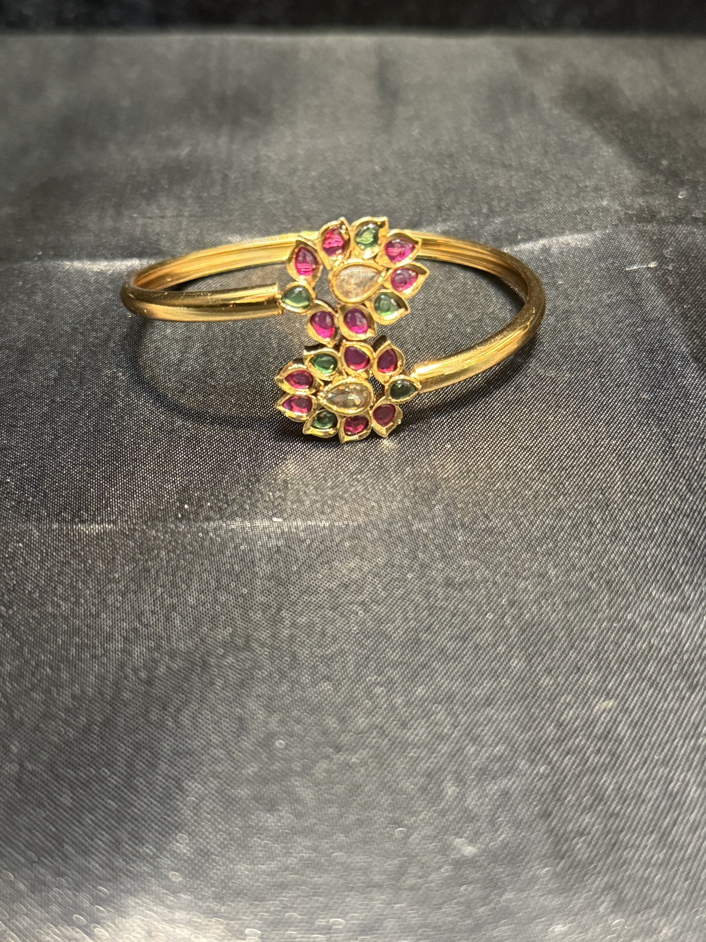 Beautiful Gold Plated With Pink And Green Stone Bracelet With Flower Design