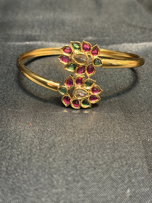 Beautiful Gold Plated With Pink And Green Stone Bracelet With Flower Design