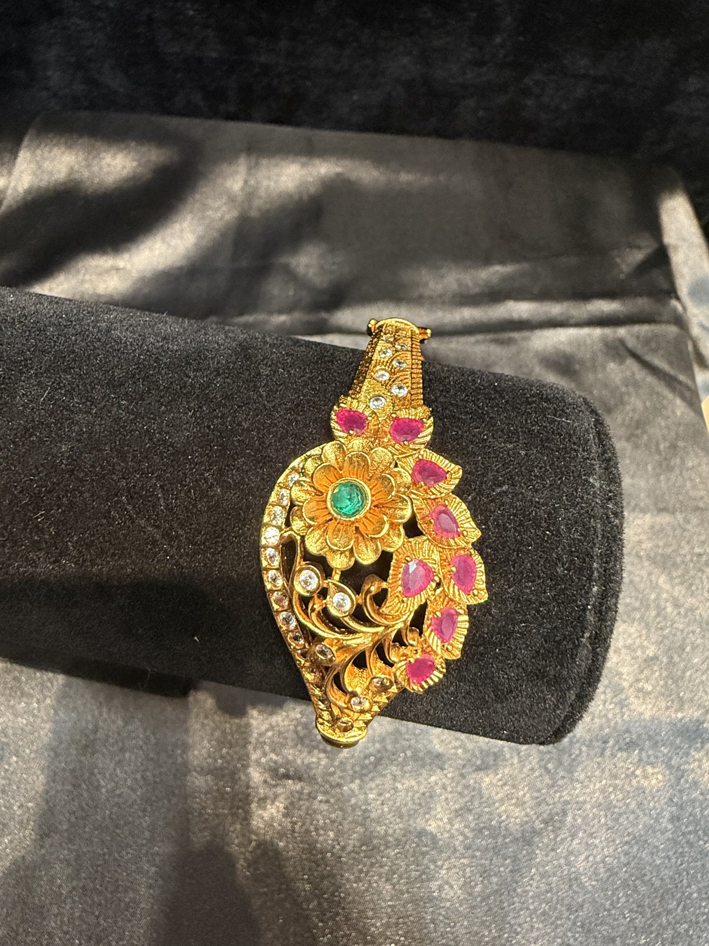 Beautiful Gold Plated With Pink And Green Stone Bracelet With Flower And Leaf Shape