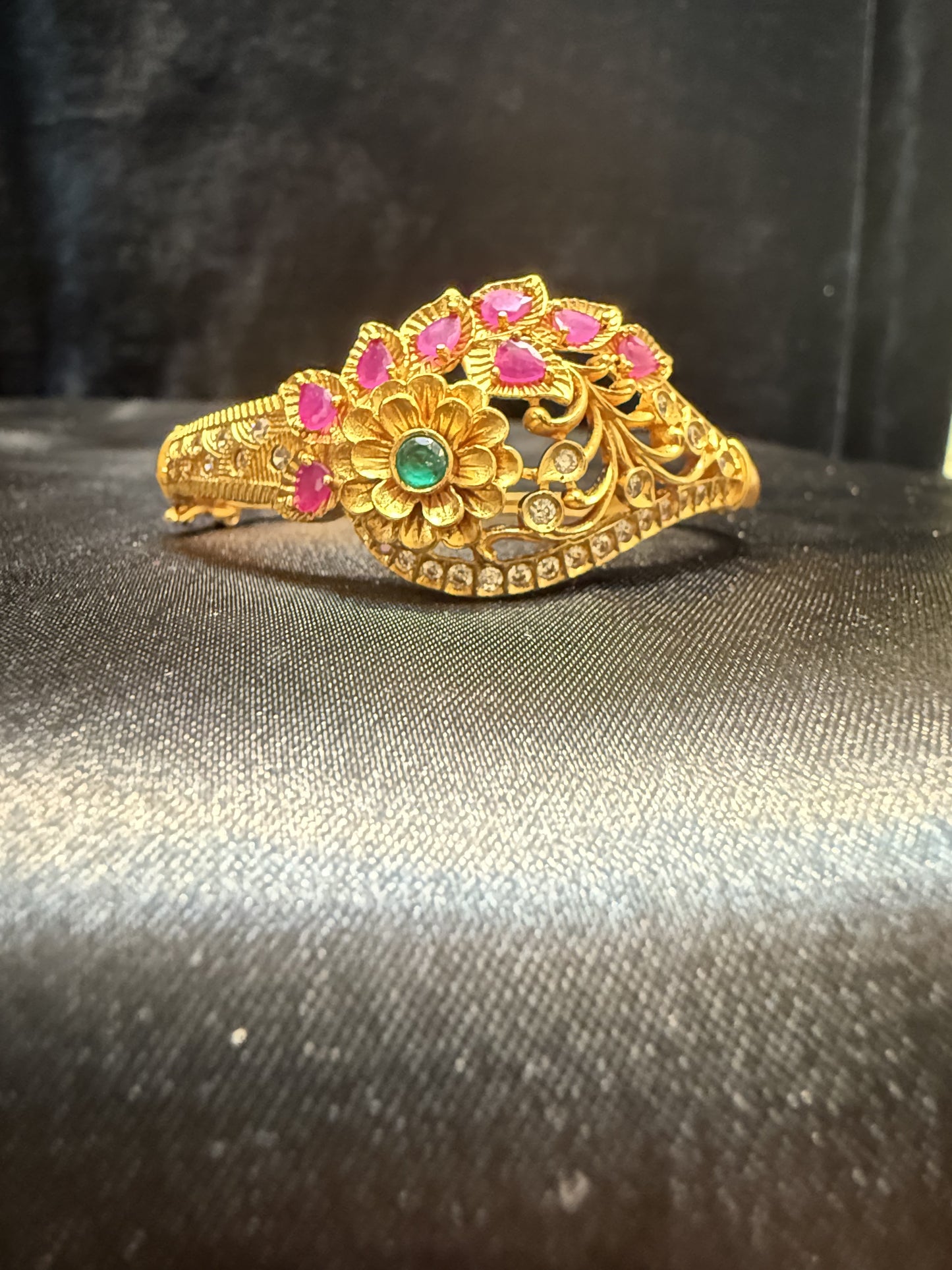 Beautiful Gold Plated With Pink And Green Stone Bracelet With Flower And Leaf Shape