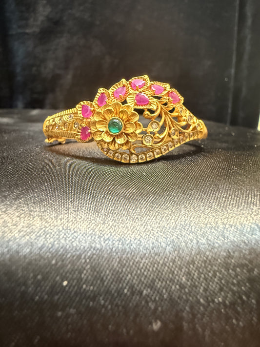 Beautiful Gold Plated With Pink And Green Stone Bracelet With Flower And Leaf Shape