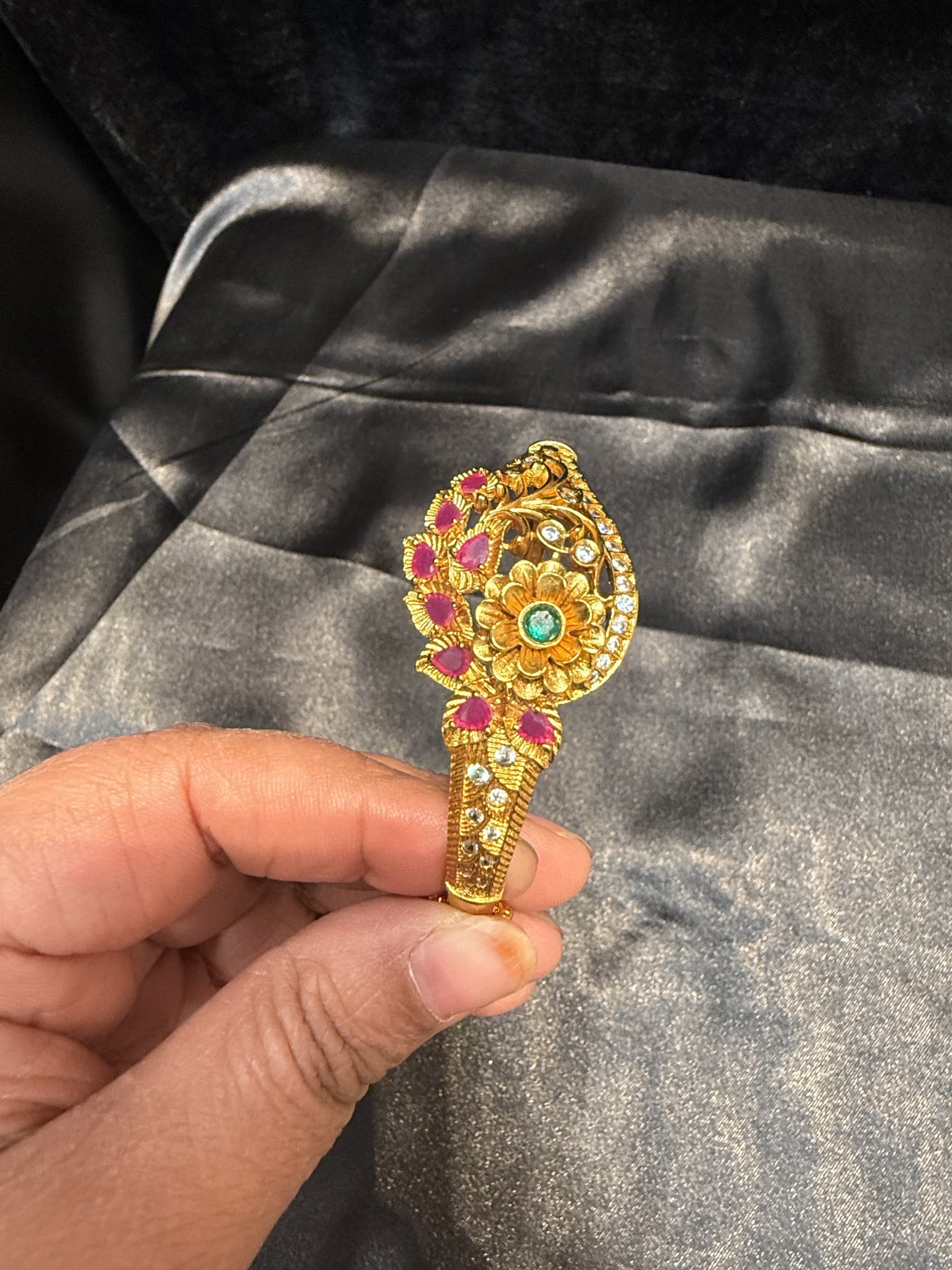Beautiful Gold Plated With Pink And Green Stone Bracelet With Flower And Leaf Shape