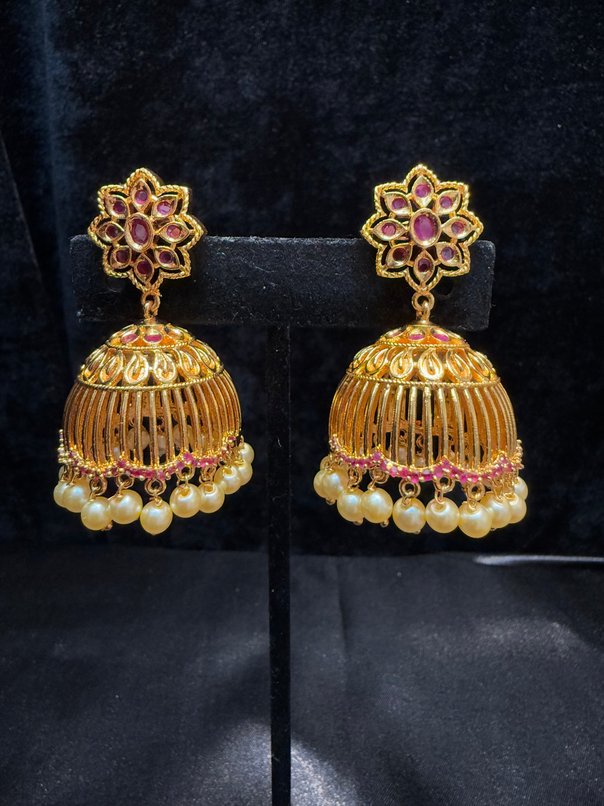 Designer Jhumka with Hot Pink Color Stone With Pearl Drop Near Me