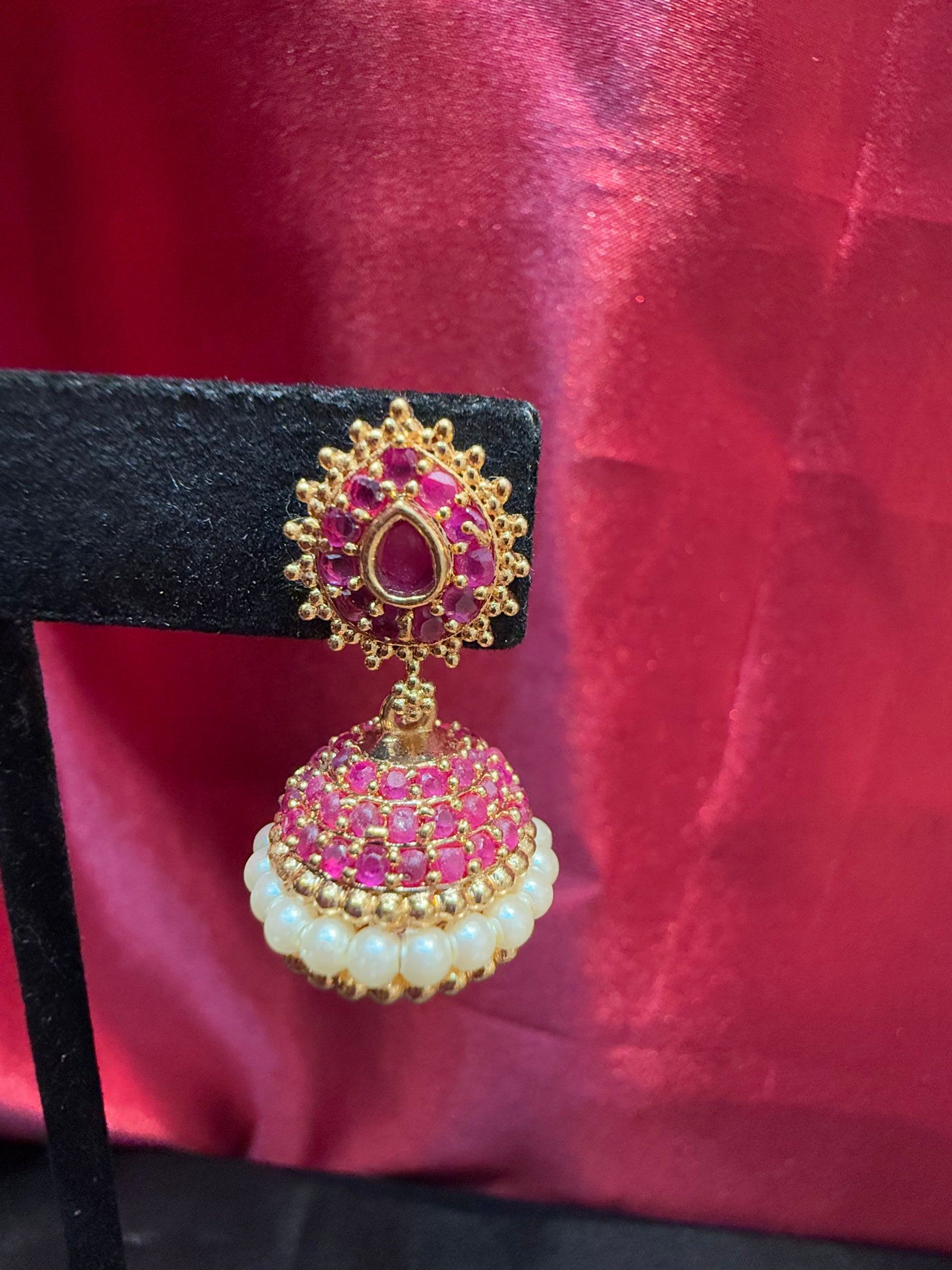 Designer Jhumka With Hot Pink Color Stone With Pearl Drop In USA