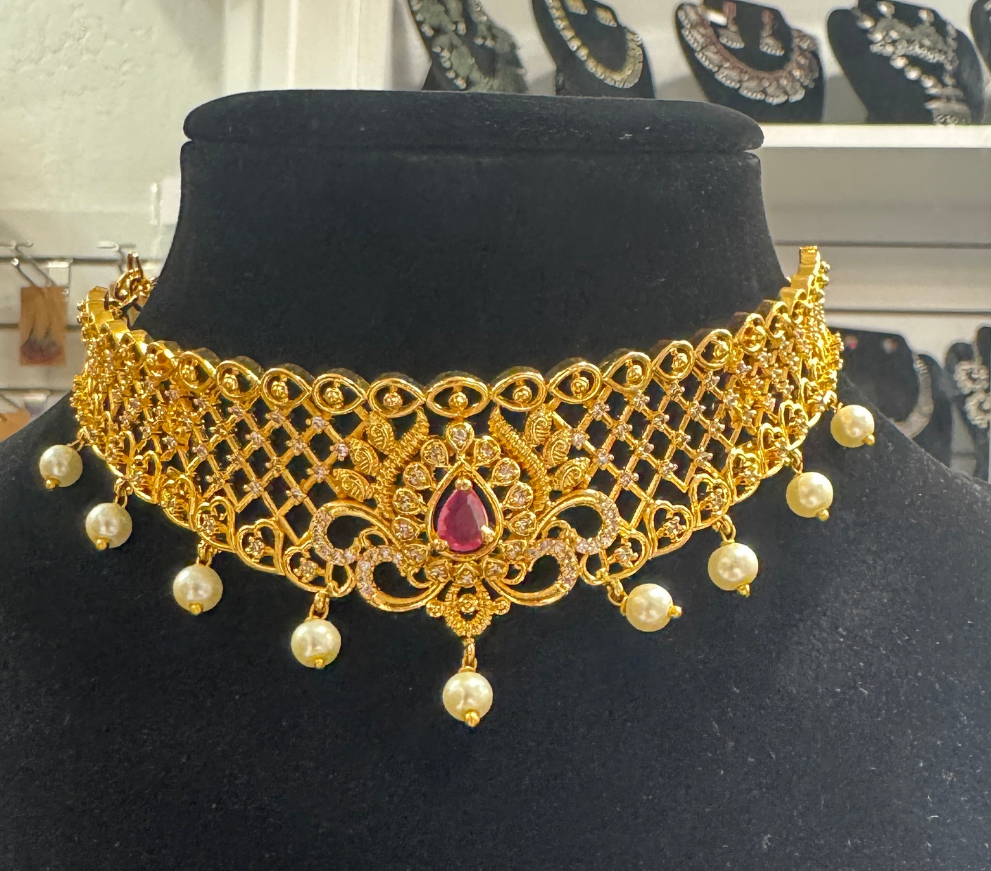 Gold Plated Dark Pink and White Color Stones Choker Set With Earrings In Chandler